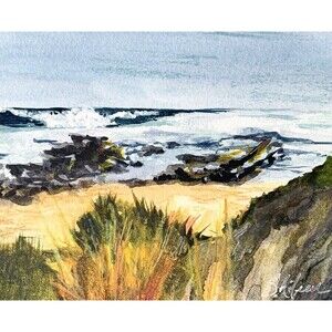 Watercolor Painting Original Seascape Coast Beach Sand "Sunset Bay" Signed 4x5"